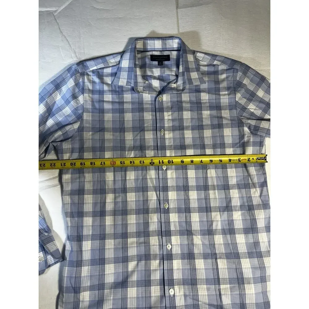 Banana Republic Mens L Non Iron Slim Fit Dress Shirt Blue White Plaid Long Sleev